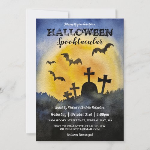 Watercolor Cemetery Bats Halloween Party Invitation