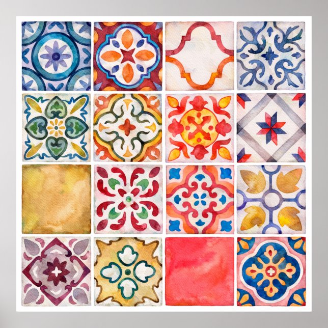 Watercolor ceramic tiles collection. Square vintag Poster (Front)