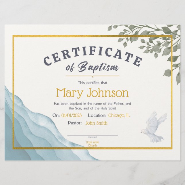 Watercolor Certificate of Baptism (Front)