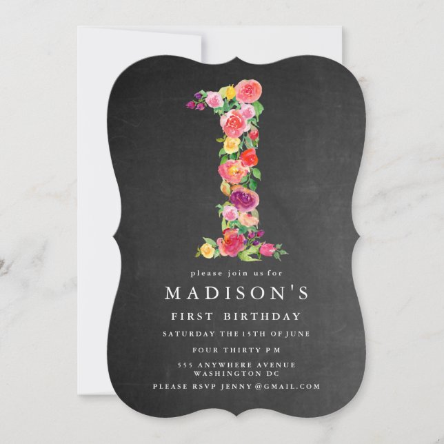Watercolor Chalkboard Girls 1st Birthday Invite (Front)