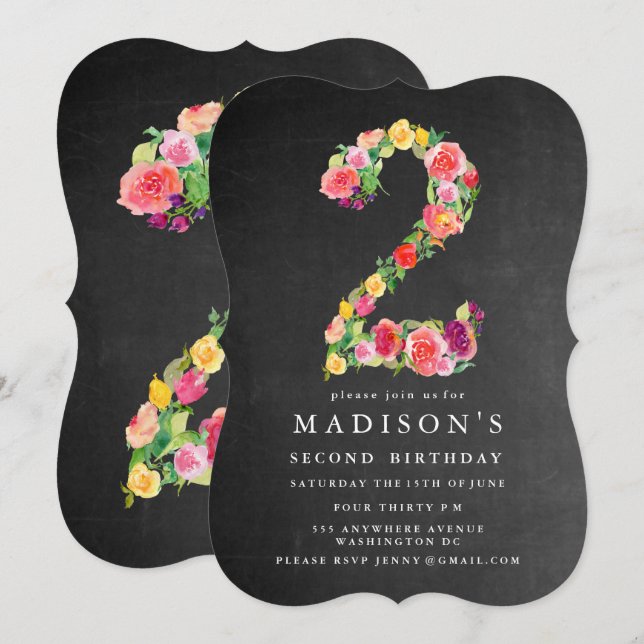 Watercolor Chalkboard Girls 2nd Birthday Invite (Front/Back)