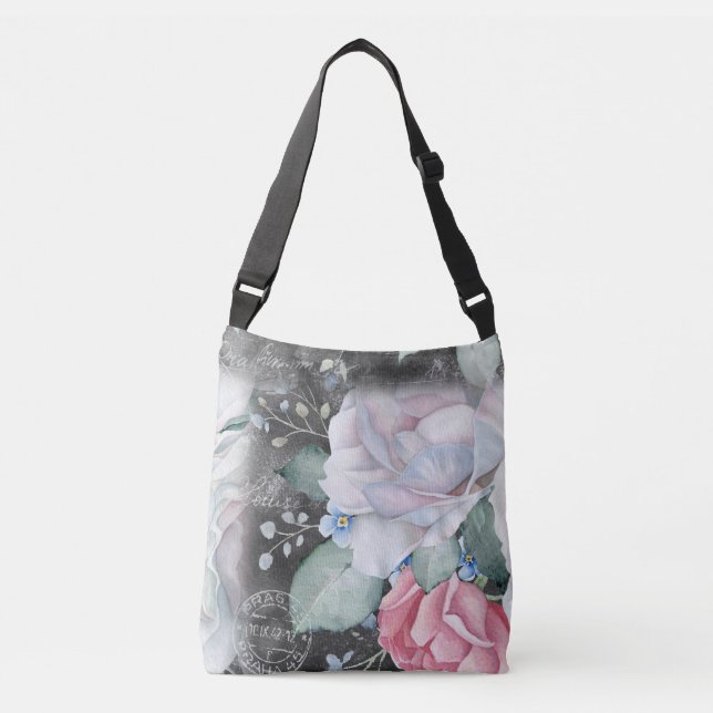 Watercolor Chalkboard Roses Crossbody Bag (Front)