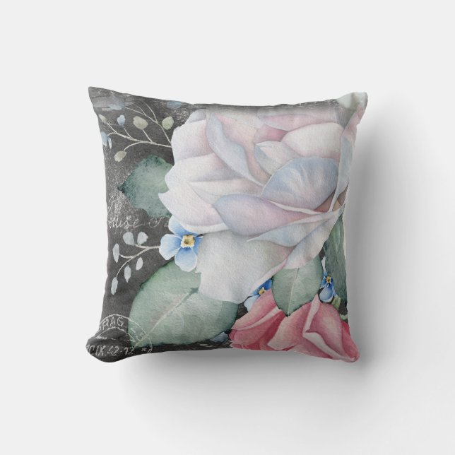Watercolor Chalkboard Roses Throw Pillow (Front)