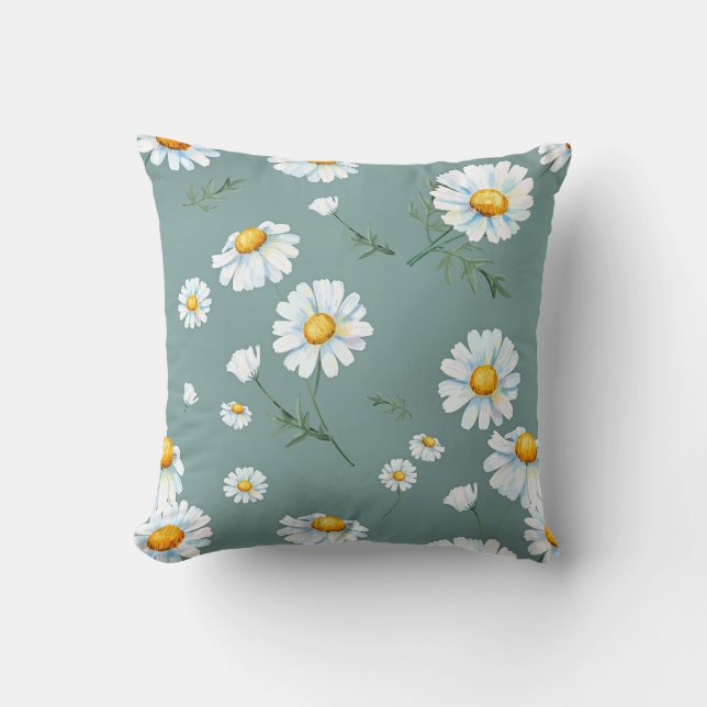 Watercolor Chamomile Flower Pattern Throw Pillow (Front)