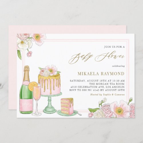 Watercolor Champagne and Cake Floral Baby Shower Invitation