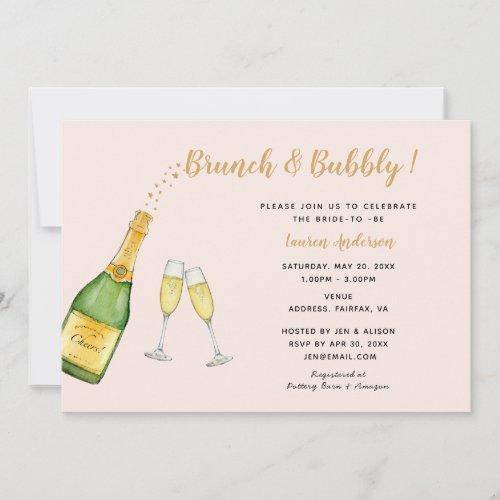 Watercolor Champagne bridal shower pink  gold Announcement