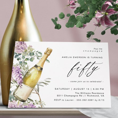 Watercolor Champagne Elegant Womens 50th Birthday Invitation