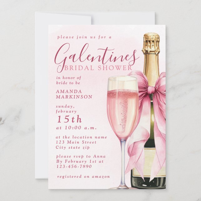Watercolor Champagne Galentines Bridal Shower Invitation (Front)