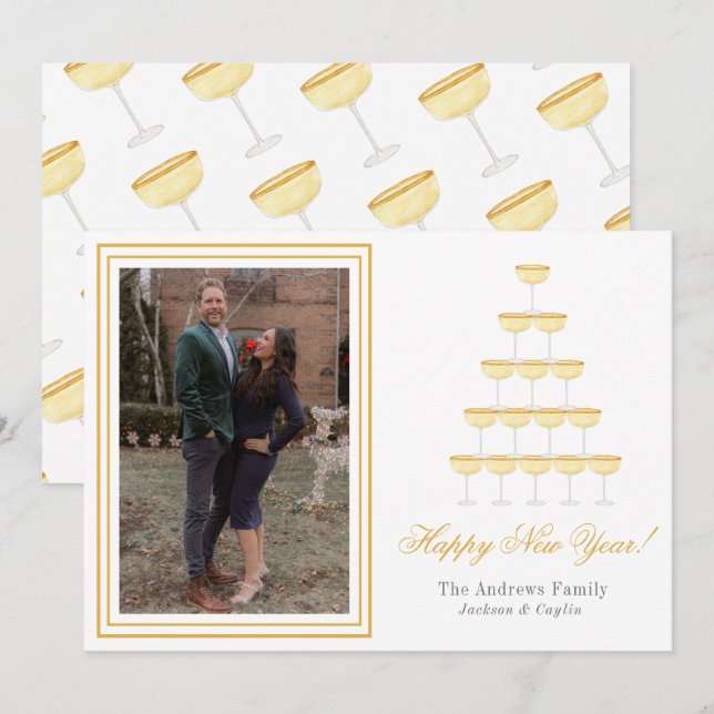 Watercolor Champagne Glasses New Year Photo Holiday Card (Front/Back)