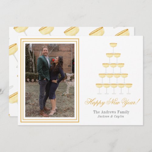 Watercolor Champagne Glasses New Year Photo Holiday Card