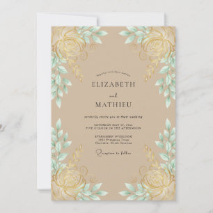 Watercolor Champagne Mint Leafy Wedding Invitation