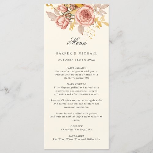 Watercolor champagne roses monogram wedding menu