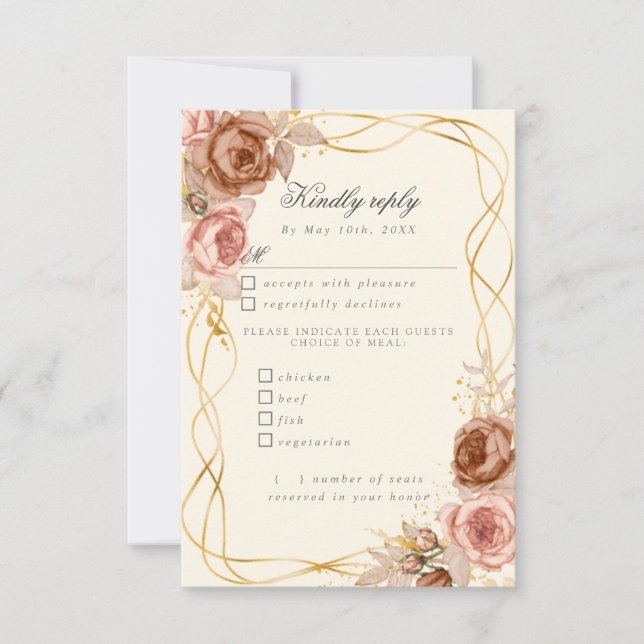 watercolor champagne roses RSVP w meal choices (Front)