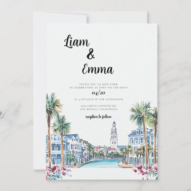 Watercolor Charleston SC Wedding Invitation (Front)