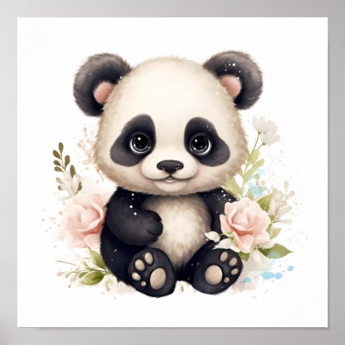 Watercolor Charming Baby Panda  Blooms Nursery Poster