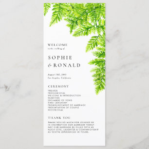 Watercolor Chartreuse Green Fern Leaves Wedding Program