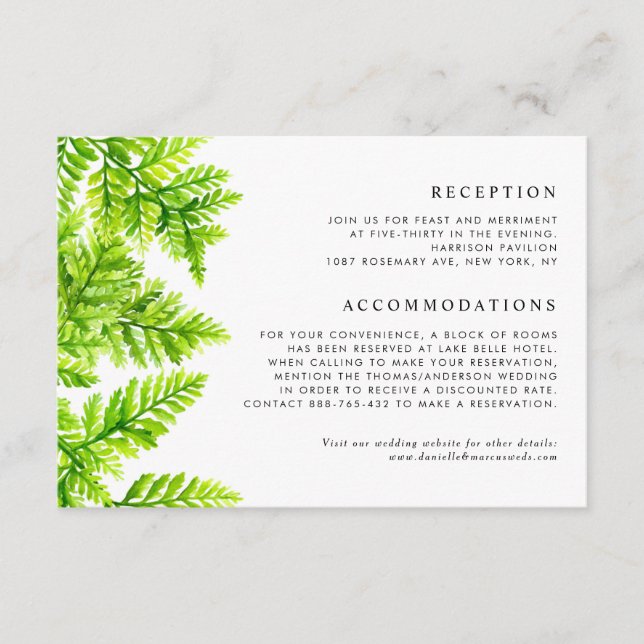 Watercolor Chartreuse Green Ferns Wedding Details Enclosure Card (Front)