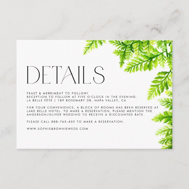 Watercolor Chartreuse Green Ferns Wedding Details Enclosure Card (Front)