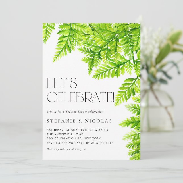 Watercolor Chartreuse Green Ferns Wedding Shower Invitation (Standing Front)