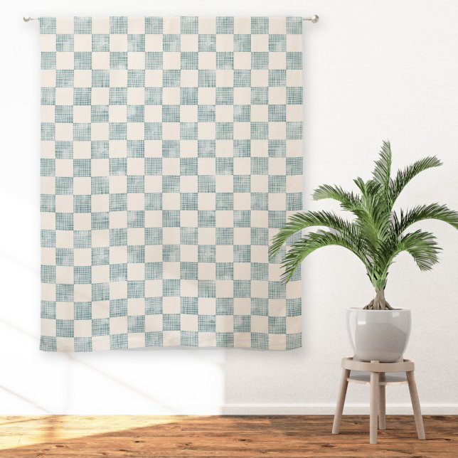Watercolor Checkers Sea Foam Cream Geometric Sheer Curtains (Sea foam green and cream checkerboard geometric sheer or blackout curtains)