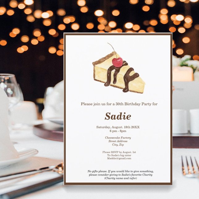 Watercolor Cheesecake Elegant Birthday Invites (Join us for an exquisite cheesecake indulgence with an invitation that exudes elegance. )
