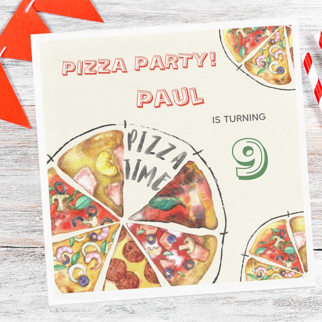 Watercolor cheesy pizza party birthday napkins (Creator Uploaded)