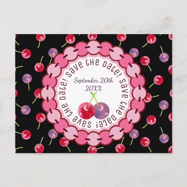 Watercolor Cherries Birthday Save the Date Announcement Postcard (Front)