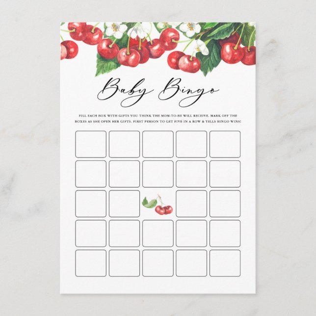 Watercolor Cherries Branches Baby Shower Bingo Enclosure Card (Front)