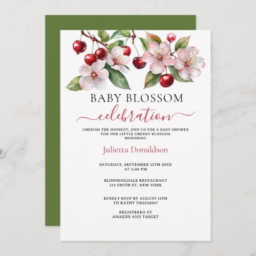 Watercolor Cherries Cherry Blossoms Baby Shower Invitation