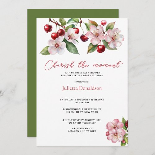 Watercolor Cherries Cherry Blossoms Baby Shower Invitation