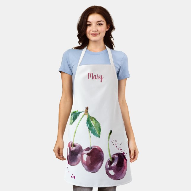 Watercolor Cherries Customizable Apron (Worn)