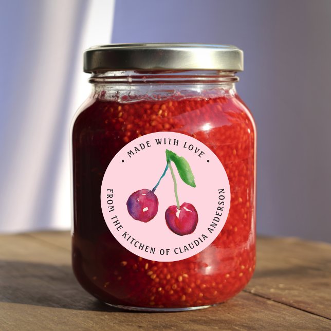 Watercolor Cherries Made With Love Round Sticker (This cute retro pink cherry label features my own original watercolor artwork.)