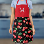 Watercolor Cherries Monogram Navy Blue Apron<br><div class="desc">This monogram apron features a watercolor cherry pattern with solid red at the top where your initial and name can be added.</div>