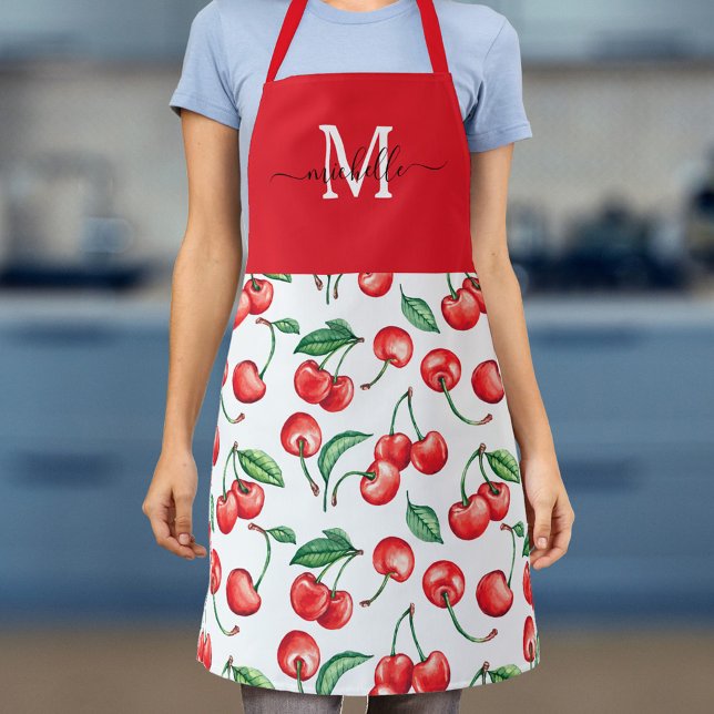 Watercolor Cherries Monogram Red Top Green Black Apron (Creator Uploaded)