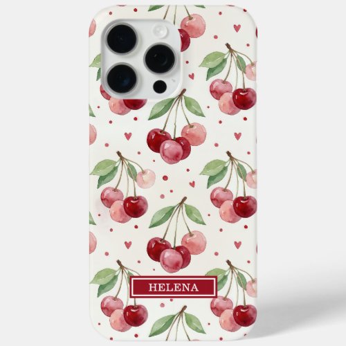 Watercolor Cherries Monogrammed iPhone 15 Pro Max Case