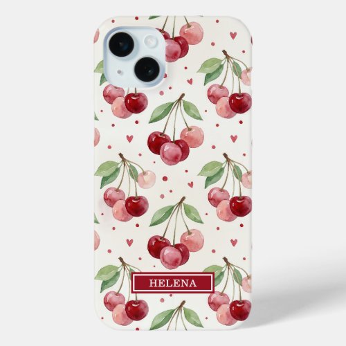 Watercolor Cherries Monogrammed iPhone 15 Plus Case