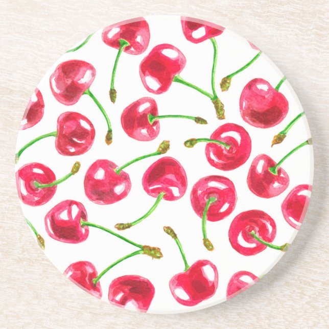 Watercolor cherries pattern drink coaster (Front)