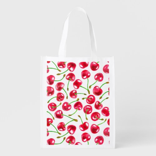 Watercolor cherries pattern reusable grocery bag