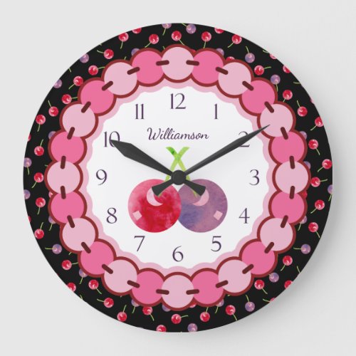 Watercolor Cherries Red and Purple Personalized Large Clock
