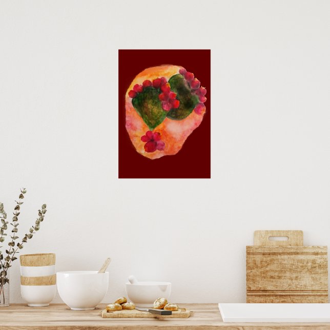 Watercolor Cherry and Green prickly pears Cactus Poster (Kitchen)