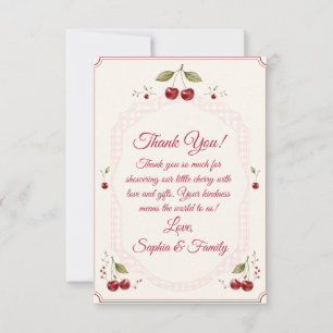 Watercolor Cherry Baby Shower Pink Gingham Thank You Card