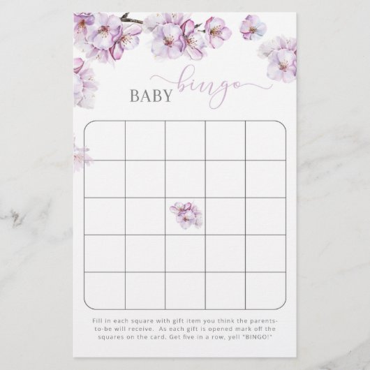 Watercolor cherry blossom baby shower bingo game (Front)