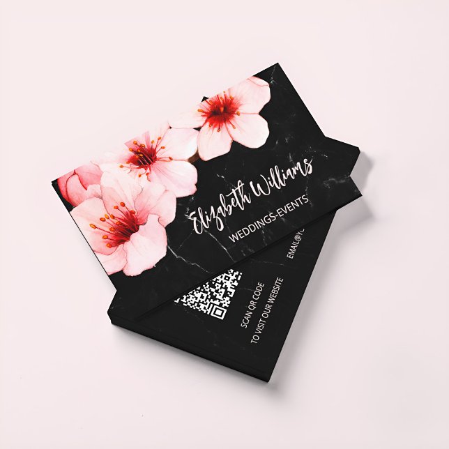 Watercolor Cherry Blossom Black Marble | Qr  Code Business Card (Creator Uploaded)