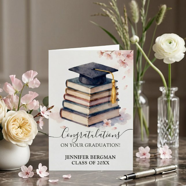 Watercolor Cherry Blossom Book Stack Graduation Card (Creator Uploaded)