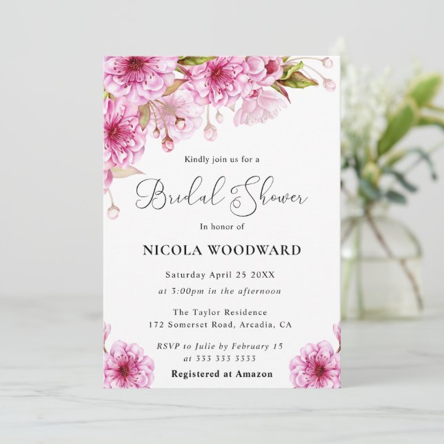 Watercolor Cherry Blossom Branch Bridal Shower Invitation (Standing Front)