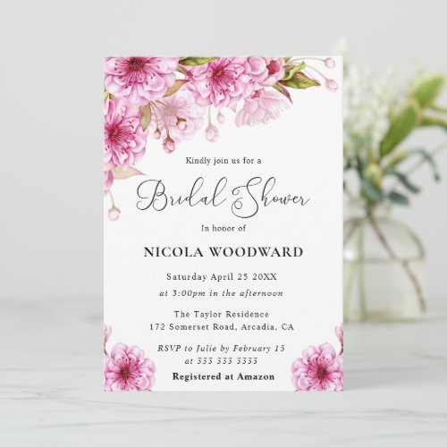 Watercolor Cherry Blossom Branch Bridal Shower Invitation