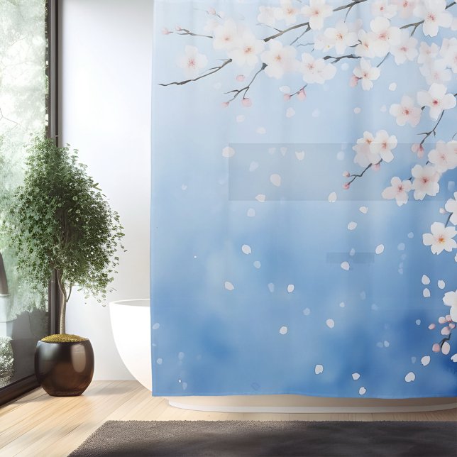 Watercolor Cherry Blossom Cascade Japanese Style Shower Curtain (Creator Uploaded)