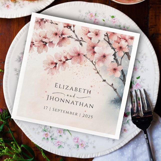 Watercolor Cherry Blossom Chic Wedding Anniversary Paper Dinner Napkins (Creator Uploaded)