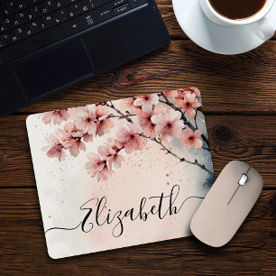 Watercolor Cherry Blossom Floral Girly Script Name Mouse Pad