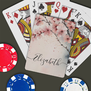 Watercolor Cherry Blossom Floral Girly Script Name Poker Cards